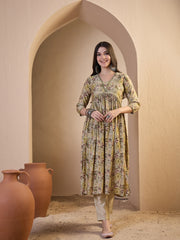Women Floral Printed Pleated Chanderi Cotton Kurta with Trousers & With Dupatta
