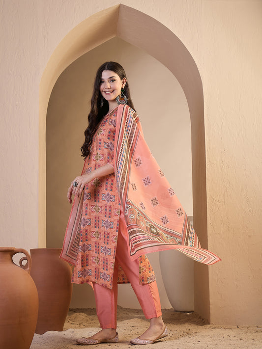 Women Ethnic Motifs Printed Regular Thread Work Chanderi Cotton Kurta with Trousers & Dupatta