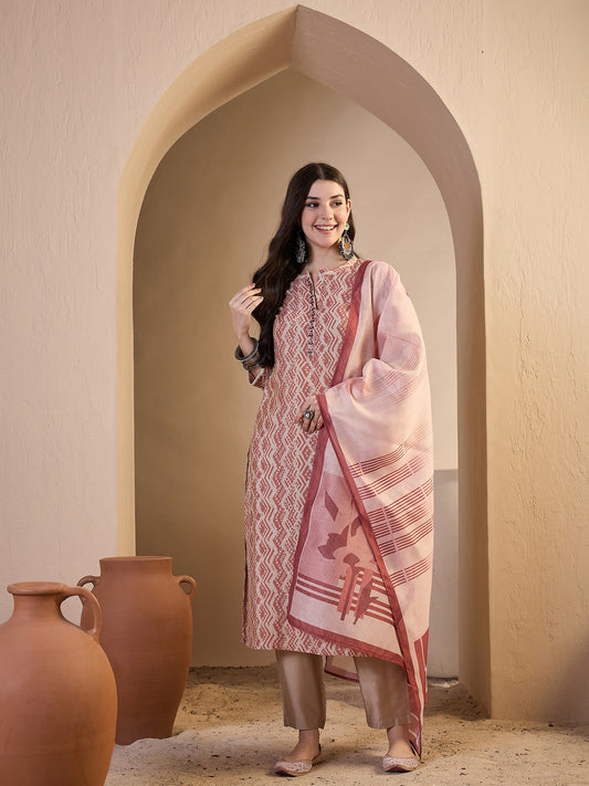 Women Printed Regular Thread Work Chanderi Cotton Kurta with Trousers & With Dupatta