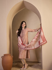 Women Printed Regular Thread Work Chanderi Cotton Kurta with Trousers & With Dupatta