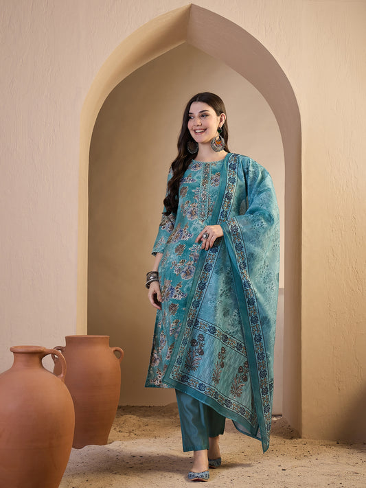 Women Floral Printed Regular Chanderi Cotton Kurta with Trousers & With Dupatta
