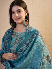Women Floral Printed Regular Chanderi Cotton Kurta with Trousers & With Dupatta