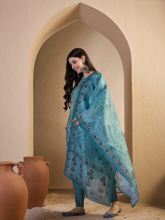 Women Floral Printed Regular Chanderi Cotton Kurta with Trousers & With Dupatta