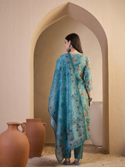 Women Floral Printed Regular Chanderi Cotton Kurta with Trousers & With Dupatta