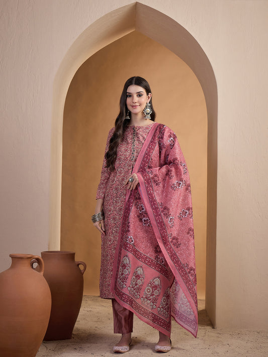 Women Floral Printed and Hand Embroidered Kurta Set with Dupatta