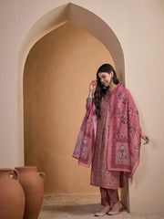 Women Floral Printed Regular Thread Work Chanderi Cotton Top with Trousers & With Dupatta