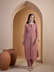 Women Floral Printed Regular Thread Work Chanderi Cotton Top with Trousers & With Dupatta