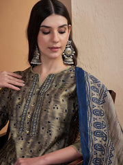 Ethnic Motifs Printed Thread Work Chanderi Cotton Kurta with Trousers & Dupatta
