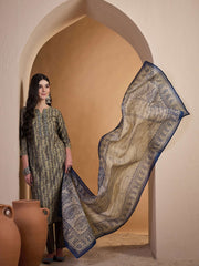 Ethnic Motifs Printed Thread Work Chanderi Cotton Kurta with Trousers & Dupatta