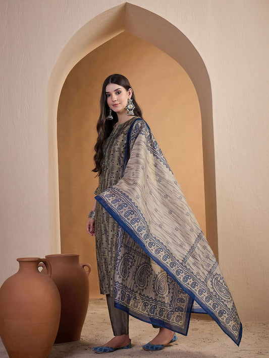 Ethnic Motifs Printed Thread Work Chanderi Cotton Kurta with Trousers & Dupatta