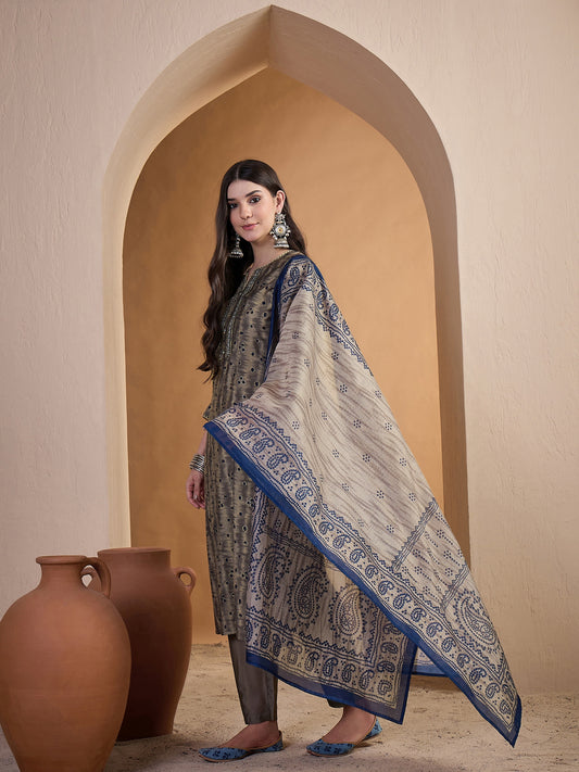 Women Ethnic Motifs Printed Regular Chanderi Cotton Kurta with Trousers & With Dupatta