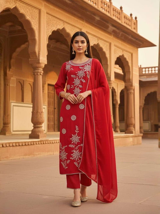 Women Floral Embroidered Regular Thread Work Chanderi Cotton Kurta with Trousers & With Dupatta