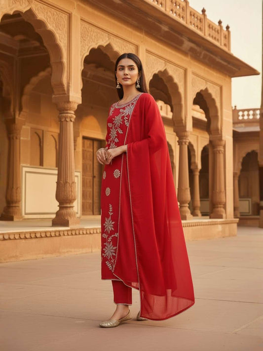 Women Floral Embroidered Regular Thread Work Chanderi Cotton Kurta with Trousers & With Dupatta