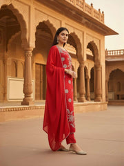 Women Floral Embroidered Regular Thread Work Chanderi Cotton Kurta with Trousers & With Dupatta