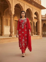 Women Floral Embroidered Regular Thread Work Chanderi Cotton Kurta with Trousers & With Dupatta