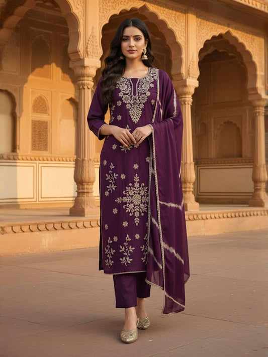 Women Ethnic Motifs Embroidered Regular Thread Work Chanderi Cotton Kurta with Trousers  And Dupatta