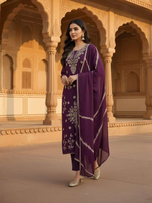 Women Ethnic Motifs Embroidered Regular Thread Work Chanderi Cotton Kurta with Trousers  And Dupatta