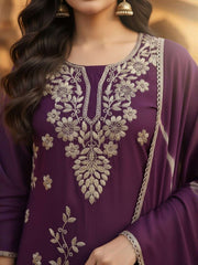 Women Ethnic Motifs Embroidered Regular Thread Work Chanderi Cotton Kurta with Trousers  And Dupatta