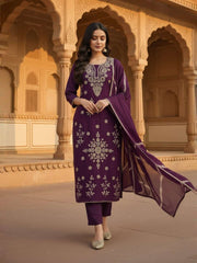 Women Ethnic Motifs Embroidered Regular Thread Work Chanderi Cotton Kurta with Trousers  And Dupatta