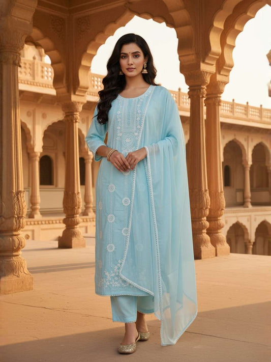 Women Ethnic Motifs Embroidered Regular Thread Work Pure Cotton Kurta with Trousers & Dupatta