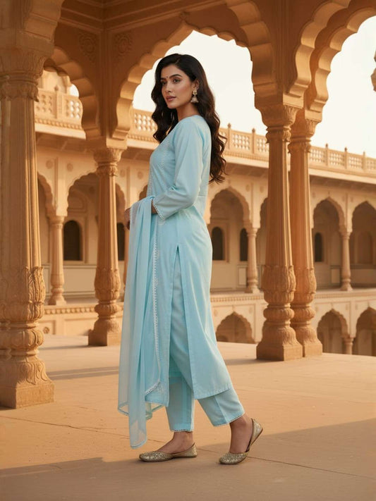 Women Ethnic Motifs Embroidered Regular Thread Work Pure Cotton Kurta with Trousers & Dupatta