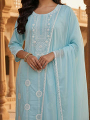 Women Ethnic Motifs Embroidered Regular Thread Work Pure Cotton Kurta with Trousers & Dupatta