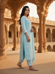 Women Ethnic Motifs Embroidered Regular Thread Work Pure Cotton Kurta with Trousers & Dupatta