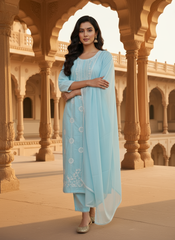 Women Ethnic Motifs Embroidered Regular Thread Work Pure Cotton Kurta with Trousers & With Dupatta