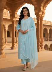 Women Ethnic Motifs Embroidered Regular Thread Work Pure Cotton Kurta with Trousers & With Dupatta