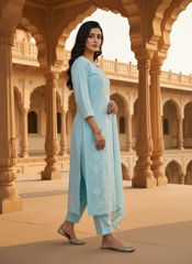 Women Ethnic Motifs Embroidered Regular Thread Work Pure Cotton Kurta with Trousers & With Dupatta