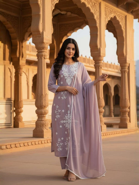 Women Ethnic Motifs Embroidered Regular Thread Work Pure Cotton Kurta with Trousers & Dupatta