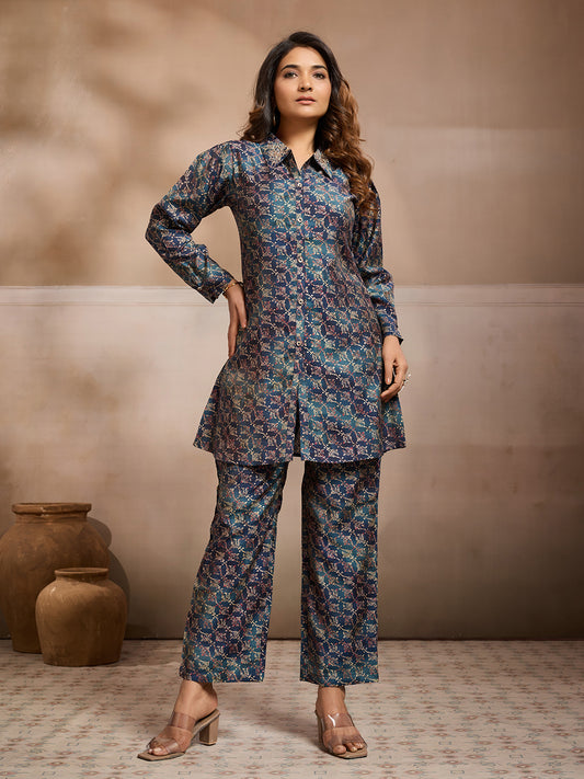 Printed Shirt Collar Top With Palazzos Co-Ords
