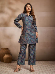 Printed Shirt Collar Top & Trousers Co-Ords