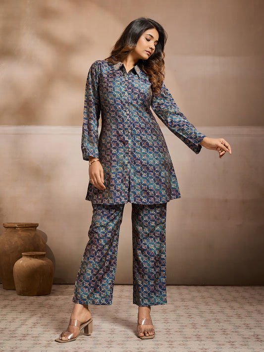 Printed Shirt Collar Top With Palazzos Co-Ords