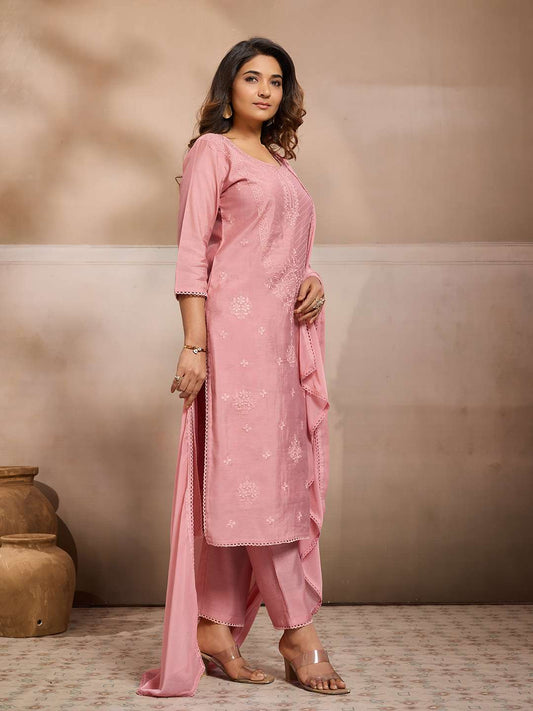 Women Floral Thread Embroidered Kurta Set with Dupatta