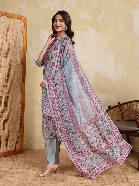 Women Floral Printed Regular Thread Work Chanderi Cotton Kurta with Trousers & With