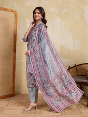 Women Floral Printed Regular Thread Work Chanderi Cotton Kurta with Trousers & With