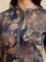 Women Floral Printed Regular Thread Work Chanderi Cotton Kurta with Trousers & With