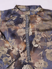 Women Floral Printed Regular Thread Work Chanderi Cotton Kurta with Trousers & With