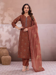 Women Ethnic Motifs Printed Regular Thread Work Chanderi Cotton Kurta with Trousers &