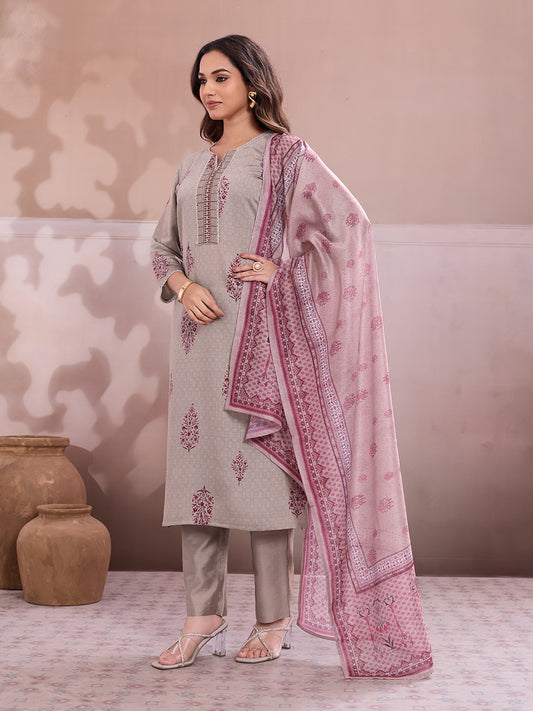 Women Ethnic Motifs Printed Regular Thread Work Chanderi Cotton Kurta with Trousers &