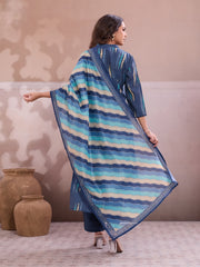 Women Printed Regular Thread Work Chanderi Cotton Kurta with Trousers & With Dupatta