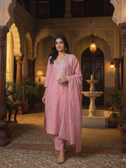 Women Ethnic Motifs Embroidered Regular Thread Work Chanderi Cotton Kurta with Trousers &