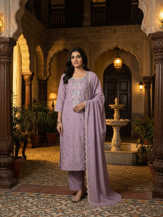 Women Ethnic Motifs Embroidered Regular Thread Work Chanderi Cotton Kurta with Trousers &