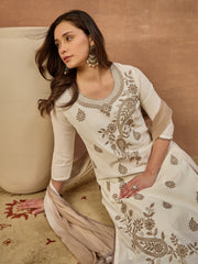 Women Ethnic Motifs Embroidered Regular Thread Work Chanderi Cotton Kurta with Trousers &