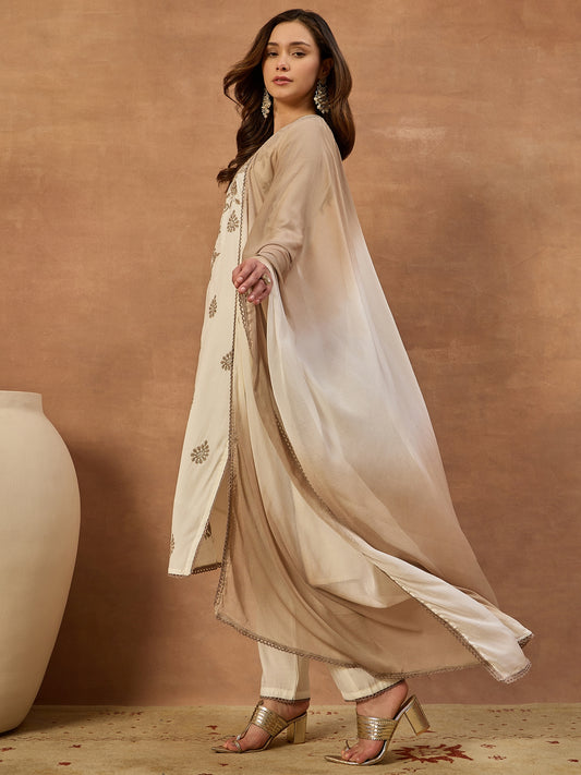 Women Ethnic Motifs Embroidered Regular Thread Work Chanderi Cotton Kurta with Trousers &