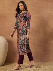 Women Floral Printed Thread Work Floral Kurta