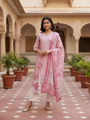 Women Printed Regular Art Silk Kurta with Trousers & With Dupatta