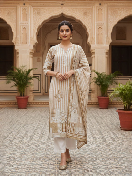 Women Printed Regular Art Silk Kurta with Trousers & With Dupatta