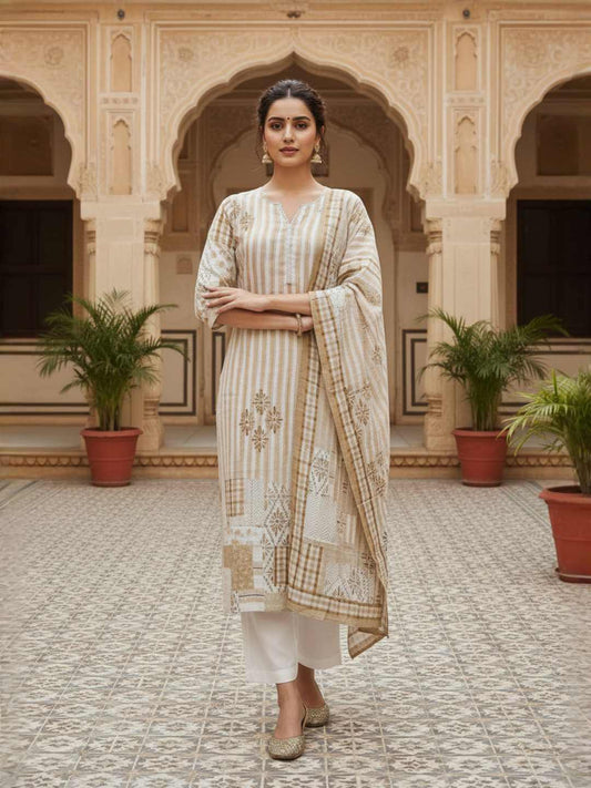 Women Ethnic Printed Regular Chanderi Cotton Kurta with Trousers With Dupatta (Copy)